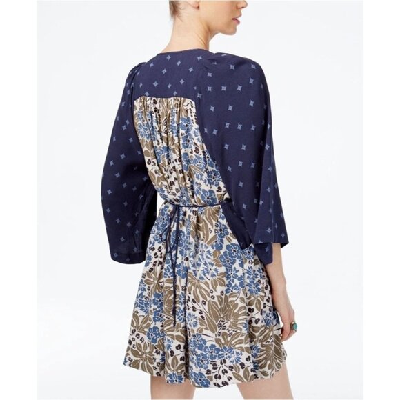 Free People Women Chiffon Boho Blue Print Mini Dress Small - Picture 2 of 7